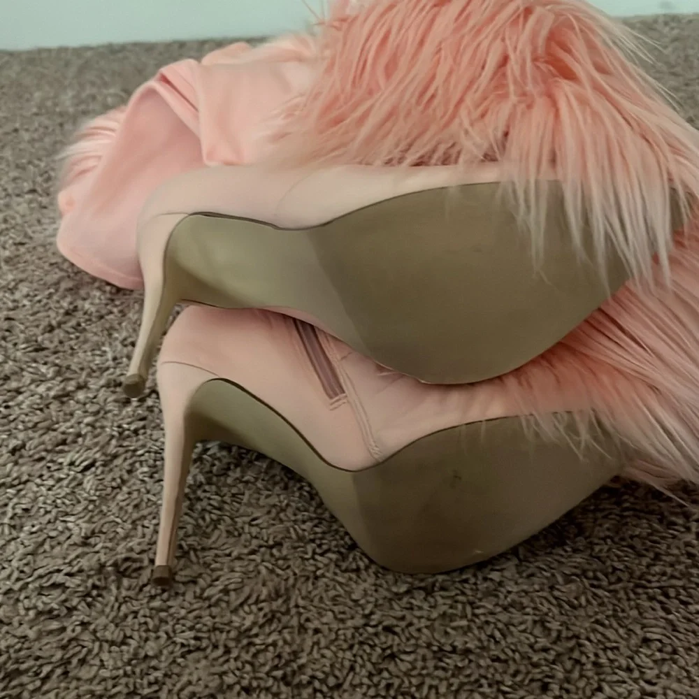 Faux-Fur Trim Over-the-Knee Stiletto Boots in Blush Pink Brand new. No box